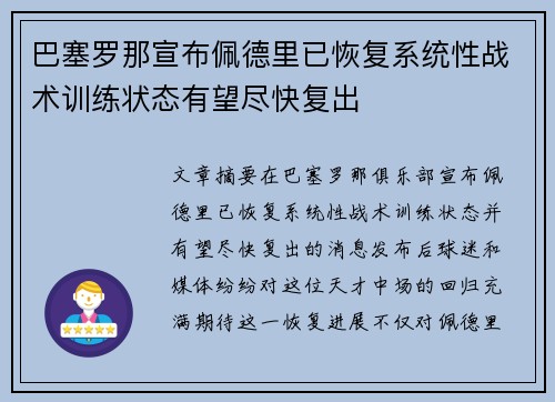 巴塞罗那宣布佩德里已恢复系统性战术训练状态有望尽快复出 巴塞罗那宣布佩德里已恢复系统性战术训练状态有望尽快复出
